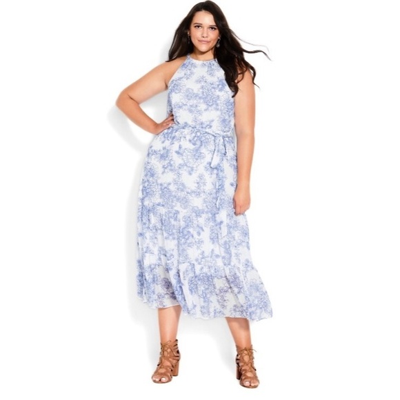 City Chic Womens Plus Sz XXL White Blue Floral Halter Zen Maxi Dress New - Picture 1 of 7